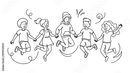 Children jumping and playing together outdoors.