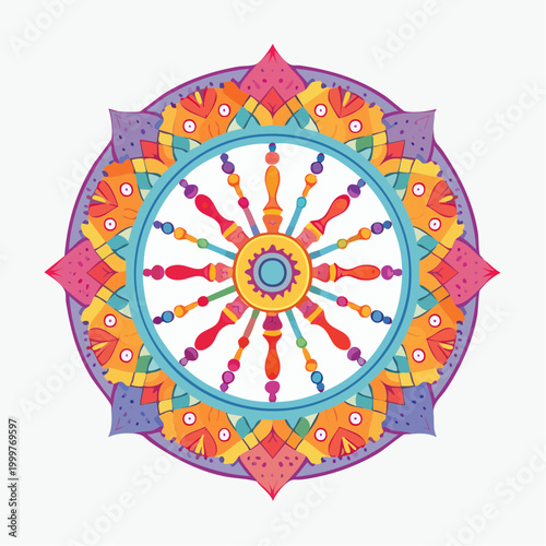 Dharmachakra Mandala with Colorful Spokes and Petals