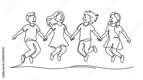Four children jumping and holding hands.
