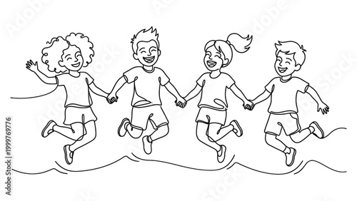 Four children jumping and holding hands.