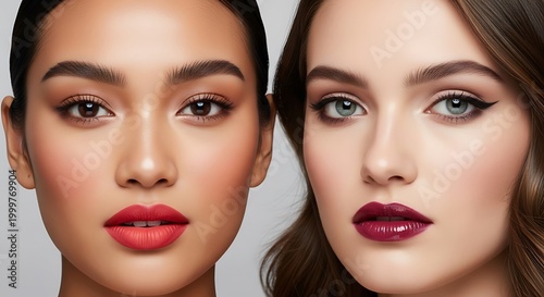 portrait showcases contrasting beauty looks featuring rich lip colors and detailed eye makeup on two women