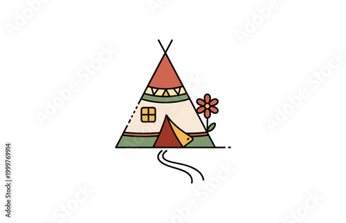 Minimalist vector illustration of a stylized teepee tent with a flower.