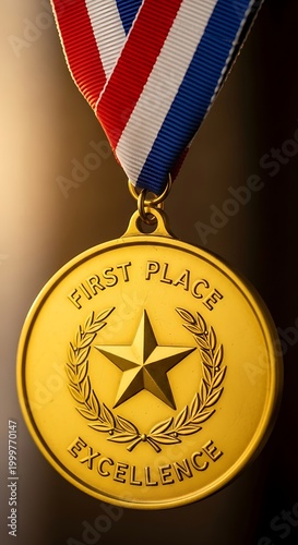 Shining gold award medallion hangs suspended from a patriotic striped ribbon