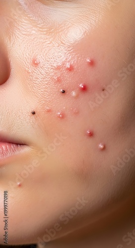 Close up view shows inflamed skin blemishes appearing on a person's cheek near the mouth area
