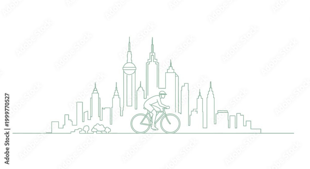 Fototapeta premium Cyclist Riding Bicycle Silhouette Against Modern City Skyline Outline, Urban Lifestyle
