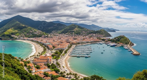 Aerial view of Sestri Levante town and bays in Italy