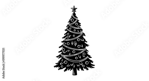Bild auf Leinwand Hand drawn ink illustration of a decorated Christmas tree with ornaments