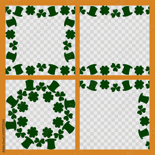 St Patrick Day Square Top and Bottom Corner and Circle Frames of traditional symbols Hat and clover. Minimal Flat Design Set. Vector illustration Greetings Promo or print materials Copy space Template