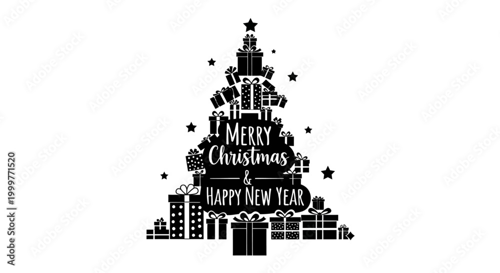 Naklejka premium Black silhouette Christmas tree made of gift boxes with Merry Christmas text.