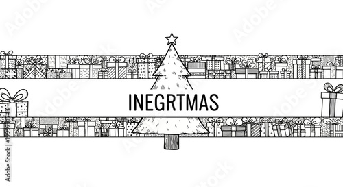 Hand drawn Christmas tree and pile of gift boxes illustration.