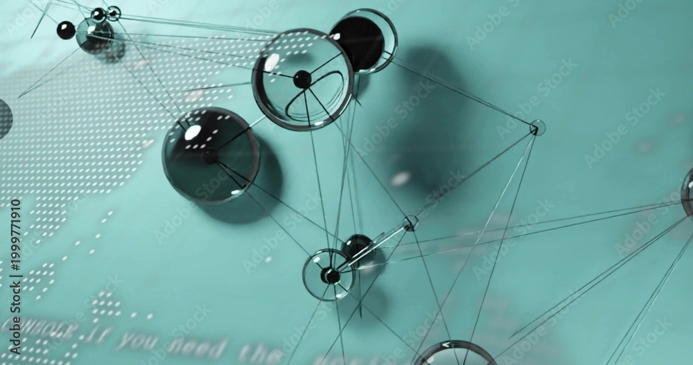 Naklejka premium Forming glossy glass spheres and hollow ring nodes across studio teal plane, dotted map, copy space