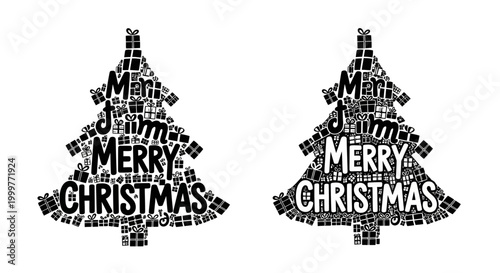 Two Creative Merry Christmas Typography Tree Illustrations Made of Gift Boxes.