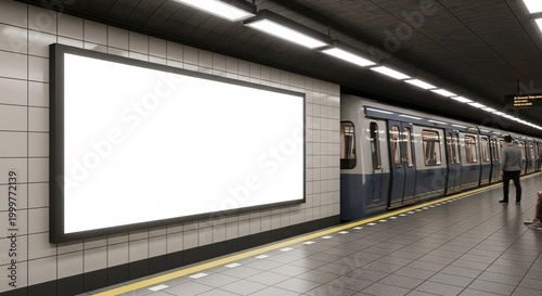 Blank advertising display in subway station with train and people