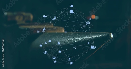 Floating hologram network glowing above metal rod on bench, displaying user and search icons