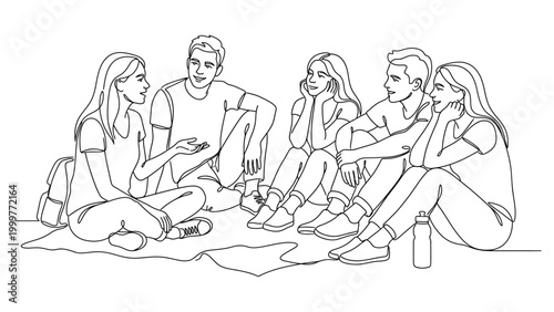 Group of young friends sitting together outdoors.