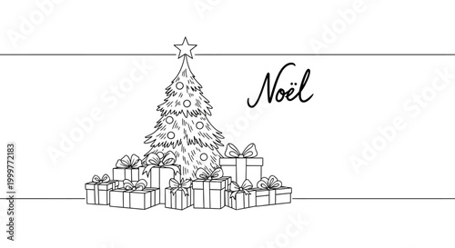 Hand drawn Christmas tree with gift boxes and Noel lettering.