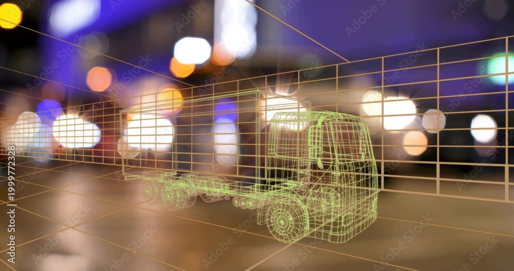 Fototapeta premium Displaying neon-green wireframe tractor-trailer over orange perspective grid with blue amber bokeh