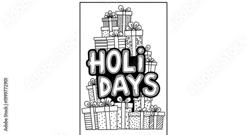 Black and white coloring page with text Holidays and gift boxes.