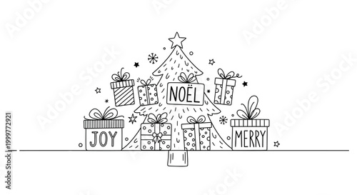 Hand drawn doodle Christmas tree with gift boxes and holiday typography.
