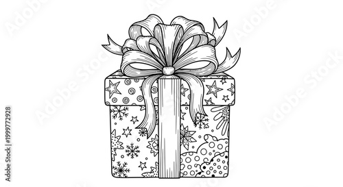 Detailed line art illustration of a Christmas gift box with a decorative bow.