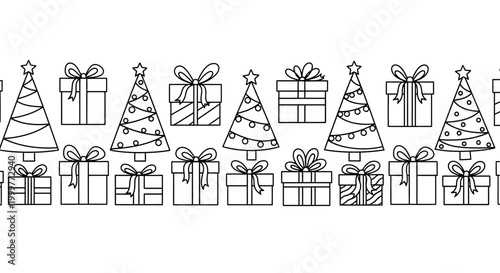 Seamless hand drawn Christmas border with decorated trees and gift boxes.