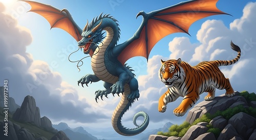 Mythical blue winged serpent and striped feline companion soar above mountain peaks
