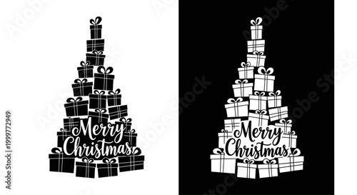 Christmas tree shape made of stacked gift boxes with Merry Christmas typography.