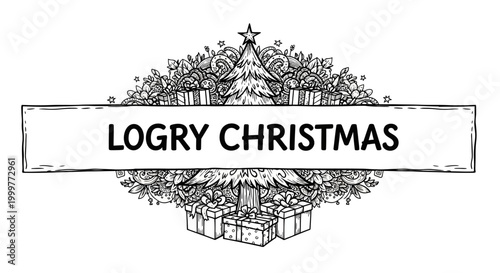 Hand drawn Christmas greeting card design with text banner and pine tree.