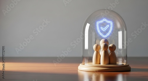 Wooden figures stand under a glass cloche protected by a glowing blue security shield icon. Minimalist setup with professional lighting and sharp focus. Ideal for financial security branding.