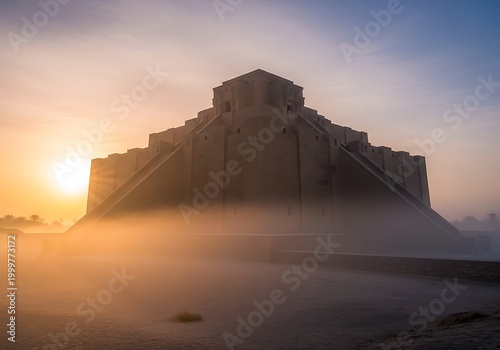 Ancient stepped pyramid structure rises dramatically through morning mist illuminated by warm sunrise