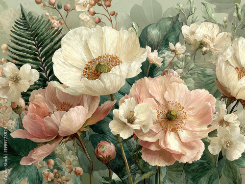 Sage green wedding floral flower botanical pastel poppy artwork with blush blooms and leafy foliage for elegant invitation background