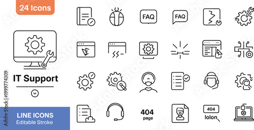 Set of twenty-four IT support line icons, troubleshooting, gears, wrenches, headsets, error pages, and technical assistance symbols