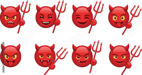 Fotografía Set of Cartoon Devil Emoticons with Different Expressions and Tridents for Fanta
