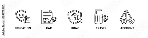 Insurance web icon illustration concept with icon of education, car, home, travel, and accident