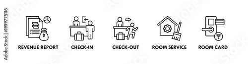 Hotel Management web icon illustration concept with icon of revenue report, check-in, check-out, room service, and room card