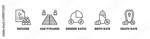 Demography web icon illustration concept with icon of refugee, age pyramid, gender ratio, birth rate, and death rate