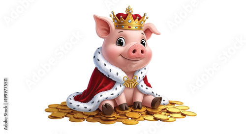 Royal Pig sitting on a pile of gold coins, wearing a crown and regal robe, illustrating wealth and prosperity