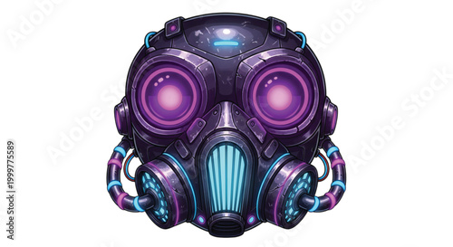 Vividly Illuminated Futuristic Gas Mask with Glowing Purple Lenses and Blue Neon Accents, Representing Advanced Science Fiction Headwear and Protective Gear