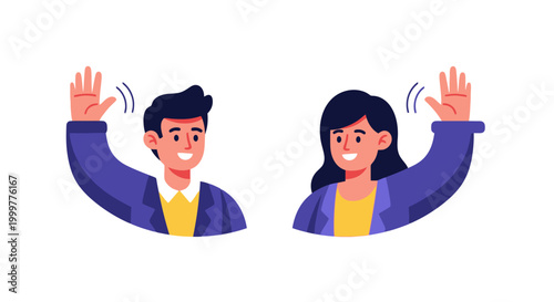 Two happy people waving in greeting.