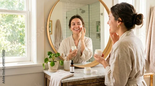 Obraz Happy Woman Applying Face Cream in Sunny Bathroom Mirror