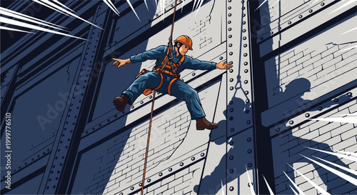 Man in blue jumpsuit rappelling down a building.