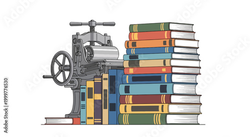 A colorful illustration of a bookbinding machine.