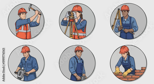 Construction workers with various tools.