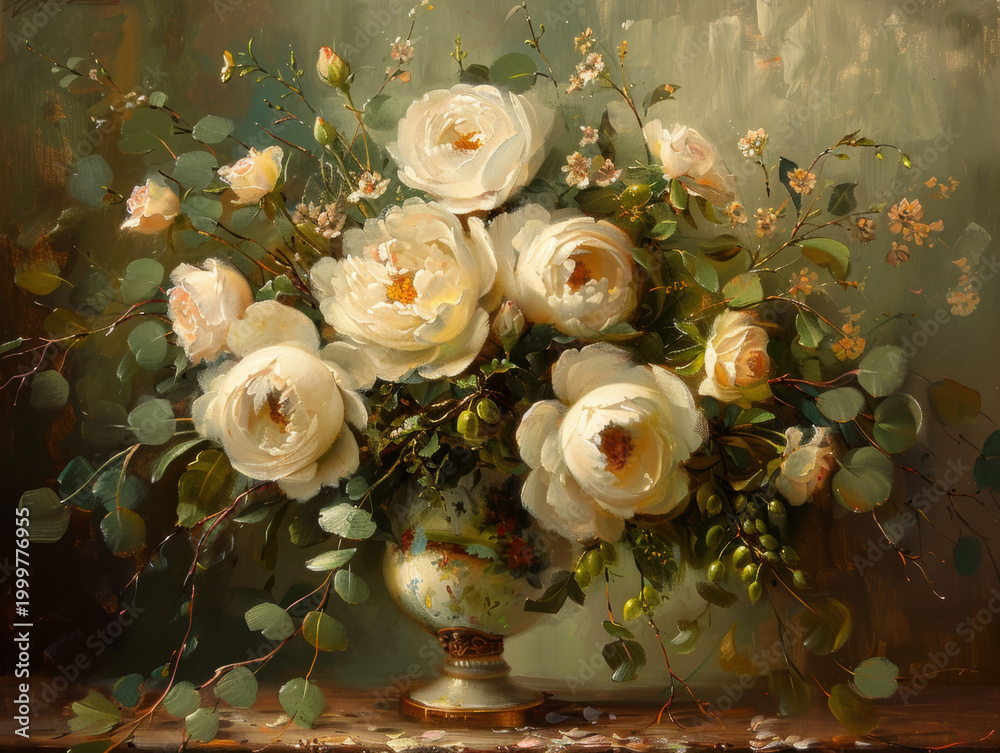 Fototapeta premium White rose floral arrangement wedding bouquet sage green still life oil painting vintage vase romantic mood for wedding decor on background