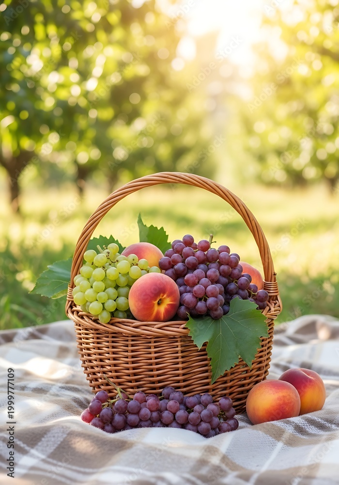 Fototapeta premium Wicker basket filled with ripe grapes and fresh peaches rests on a checkered blanket outdoors during bright sunshine