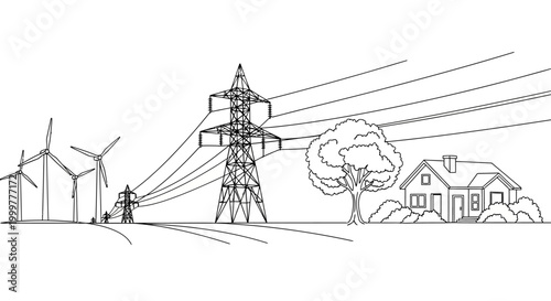 Black and white line art illustration of wind turbines power lines and a house.
