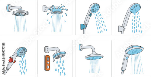 Photos Showerhead Vector Icon Set Featuring Different Shower Styles, Water Flow Designs