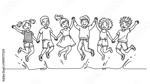 happy children jumping in line together.