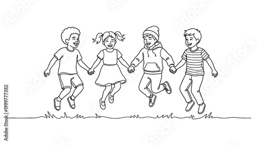 Four children jumping and holding hands.