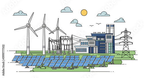 Renewable energy power plant with wind turbines and solar panels.